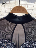 Women Sheer Mesh Dress Embroidery Sequins Slim Long Sleeve Senior Fashion Hollow Out Half High Neck Elegant Sexy