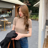 Summer Knitted Sweater Pullovers Short Sleeve Turtleneck Thin Sweater for Women Female Slim Jumper Office Lady