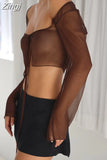 Zingj 2023 Sexy Y2K Women Mesh Sheer T-shirts Exposed Navel Crop Tops Long Sleeve Square Neck Tie-Up See Through 211-0-Outfit