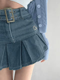 Buckle Belt Pleated Denim Mini Skirt- Outfit