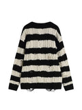 And White Striped Gothic Sweaters Women Ripped Holes Loose Knitted Pullover Frayed Fairy Grunge Jumpers Streetwear