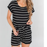 2020 Summer Fashion O Neck Hollow Out Women's Jumpsuit Casual Slim Stripe Patchwork Short Sleeve Pocket Ladies