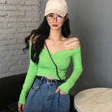 Sexy Off Shoulder T Shirt Women Fashion Casual Solid Color Tshirt Trendy Slim Crop Tops New Long Sleeve