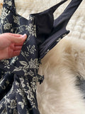 Temperament Embroidery Lace Dress Women Zipper Belt Off Shoulder Sleeveless French Floral Spaghetti Strap Long