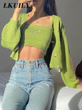 Sweater For Women 2 Piece Sets With Crop Top Fashion Short Coat Y2k Blouse Long Sleeve Green Knitted Sweater