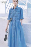 High Waist Women Pullover Denim Shirt Dress Korea New Ladies Womens Pleated Dresses Woman Casual Cotton Shirt Long