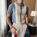 Men Fashion 2021 Summer Short Sleeve Polo Shirt Vintage Patchwork Knit Slim Polo Shirts Casual Lapel Button Tops Mens
