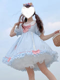 Japanese Sweet Girly Lolita Style Women Dress Fashion Cute Bow Puff Sleeve Cosplay Dresses Kawaii Girl Striped