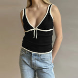 Deep V-Neck White Seam Top-Outfit