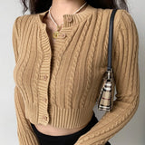 Winter Solid Color Crew Neck Knitted Sweater For Women Korean Slim Long Sleeve Top Twist Detail Cardigan Sweater