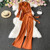Summer New Women Notched Lace Thin Shirt Top High Waist Slim Solid Casual Wide-leg Pants Office Ladies Two Piece