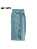 Women Fashion Solid Knotted Front Slit Midi Skirts Vintage High Waist Female Chic Lady