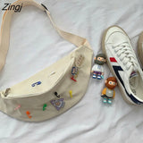 Casual Waist Bags Women Canvas Simple Fanny Belt Pack Brooch Decor Ladies Bum Bag Zipper Cross Body Pouch Students