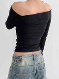 Solid Color Off Shoulder Slim Long Sleeve Tee- Outfit