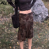 Fairy Grunge Aesthetics Brown Mesh Midi Skirts Y2K Streetwear Low Waist Printing A-line Skirt Elfcore Outfits Retro
