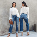 Zingj Spring And Summer New Washed High Waist Jeans Fashion Casual Loose Edge Pants