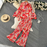 Zingj Style Two-Piece Suit Women's Autumn French Retro Print Loose Long-Sleeved Skirt High-Waist Straight Casual