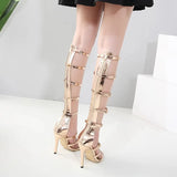 Shoes Spot High-Top Women's Shoes Hollowed-Out Ribbon Fine-Heeled Roman High-Heeled