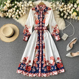New Spring Autumn Women Vintage Stand Collar Floral Print Dress Elegant Single Breasted Bohemia Long Dress with