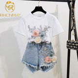 Summer Women 2 Piece Sets Embroidery 3D Flower T-shirt + Denim Shorts Sets Vintage Beading Shorts