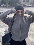 Aesthetic Harajuku Cardigan Mujer Kardigan Turtleneck Streetwear Grey Crop Tops Zipper 2024 Autumn All Match Solid