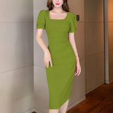 New Midi Dress For Women Elegant Bodycon Office Lady Solid Femme Fashion Clothing