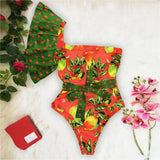 Retro One Piece Swimsuit Women Swimwear Push Up Monokini Print Bandage One shoulder Bathing Suit Bodysuit Beach Wear