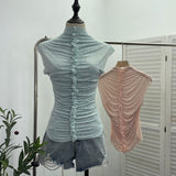 Drilling Sleeveless Vest Wearing Half-High Neck Net Yarn Slime Folded T-Shirt Blouse Female