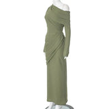 Draped Off-Shoulder Long Sleeve Top And Maxi Skirt Set- Outfit