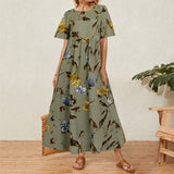 Floral Long Dress Women Summer Elegant Linen Short Sleeve Boho Maxi Dress Female Holiday Sundress Party Dresses