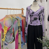 Explosion Tie-Dye-Print Long Sleeve Bottom Sexy Hottie V-Neck T-Shirt Folded Slimming Mesh Yarn Top