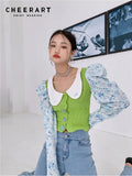 Puff Sleeve Peter Pan Collar Crop Blouse Floral Long Sleeve Korean Knitted Top High Fashion Designer Patchwork