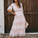 2022 Summer Women Maxi Cake Dress Short Sleeve Vintage Sexy White Lace Vocation Tunic Long Beach