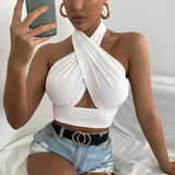 Summer Tank Tops Sexy Solid Color Cross Halter Neck Push Up Hollow Crop Tops 2022 New