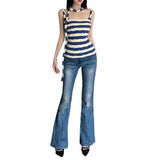 2024 Summer New Women's Pure-Want Wind Collar With Hanging Neck Repair Knitted Striped Long