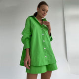 Women Linen Shorts 2 Piece Set Casual Oversize Shirts And Wide Leg Shorts Suits Loungewear Solid Summer Loose
