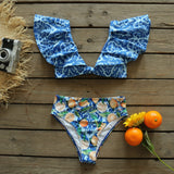 Waist Bikini 2021 Ruffle Swimwear Women Print Sexy Swimsuit Push Up Bikinis Plus Size Bathing Suits Floral Beach