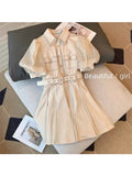 Elegant Puff Sleeve Dress Summer Lapel Neck Office Lady Solid A-line Vestido Fashion Vintage Skinny Mini Dresses
