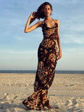 Sexy Boho Printed Slip Dress Women Summer Clothes Elegant Spaghetti Straped Side Split Open Back Maxi Dress Sundress