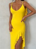 Women Spaghetti Strap Backless Ruffles Long Dress Sexy Slim Fit V Neck Sleeveless Strap Ruched Beach Dresses