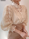 Chiffon Button Turtleneck Shirt Chic Elegant Floral Lace Fluffy Long Sleeve Top Fashion Hollow Oversize White Blouse 2024-Outfit