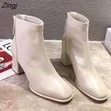 Brand Women Beige 7cm Block High Heels Ankle Boots 2023 Winter Female Square Toe Chelsea Boots High Quality Short