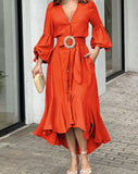 Zingj Dress West Dress Fashion Casual Full Sleeve V-Neck Lapel Solid And Pocket Dress-Outfit