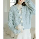 Blue Knitted Rose Buttoned Cardigan- Outfit