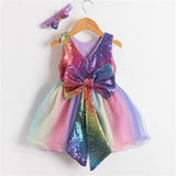 Color Princess Party Dress For Girls Big Bowknot 1 Year Old Birthday Costume Luxury Shining Sequined Girl Frocks