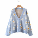 Winter Elegant Knitted Cardigan Kawaii Preppy Style Women Daisy Jacquard V Neck Loose Sweater Pull Femme Casual Coat