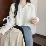 The New Korean Version Lace-Up Pullover In Spring 2024 Is Girly With Polo Collar And Simple Bottomed