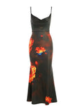 Women Vintage Dress Fire Print Backless Elegant Sleeveless Lace Up Summer 2021 Streetwear Party Female Midi Cami
