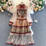 New Spring Autumn Women Elegant Lace Embroidery Patchwork Dress Vintage Ladies Stand Collar Floral Print Long