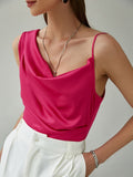 Elegant office lady silk top pink 2022 Summer satin crop top with irregular straps Fashion zipper pure tank top